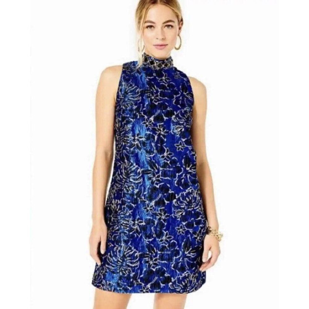 $278 Lilly Pulitzer Brandi Shift Dress Blue Grotto Floral Twilight Brocade Sz 00